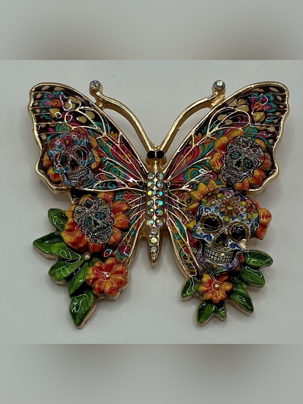 COLORFUL SUGAR SKULL ACCENTED BUTTERFLY BROOCH FESTIVE AB RHINESTONE NWOT